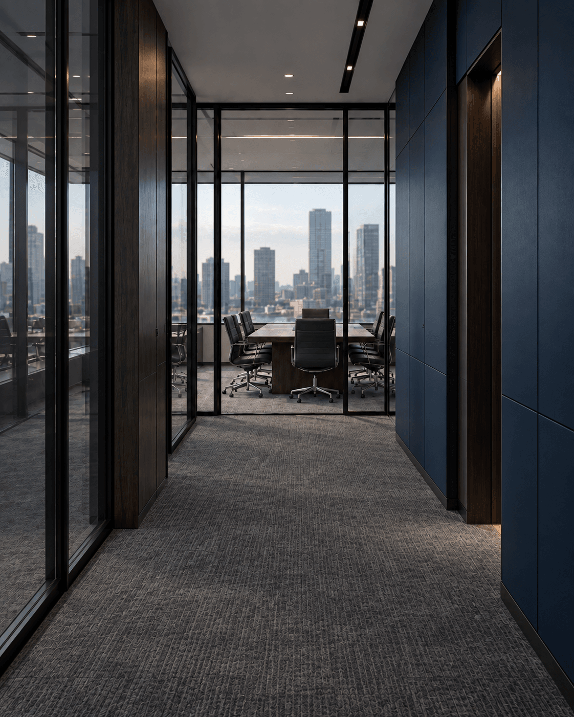 Corporate office hallway leading to a glass-walled meeting room