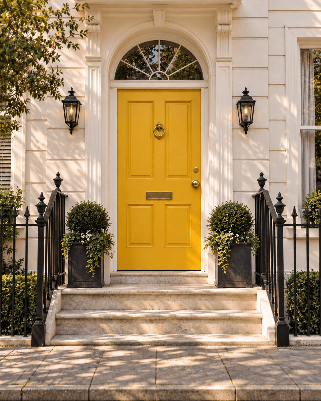 Bright yellow front door on a refined residential townhouse facade