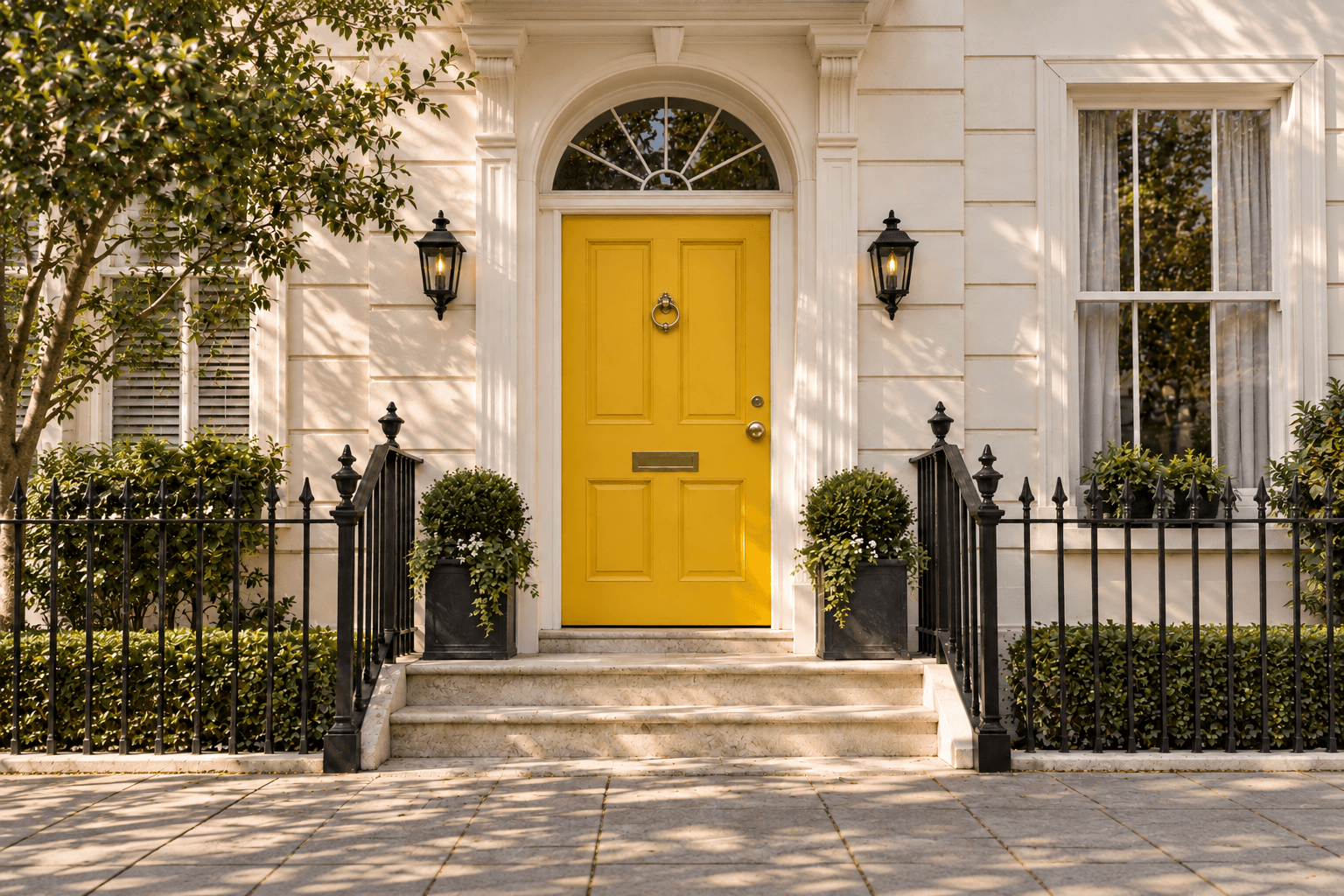 Bright yellow front door on a refined residential townhouse facade