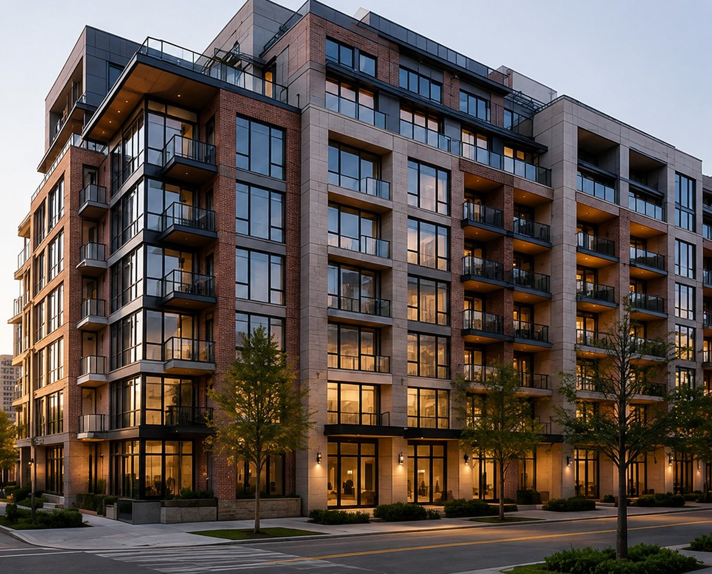 Exterior of a modern residential condominium building at dusk