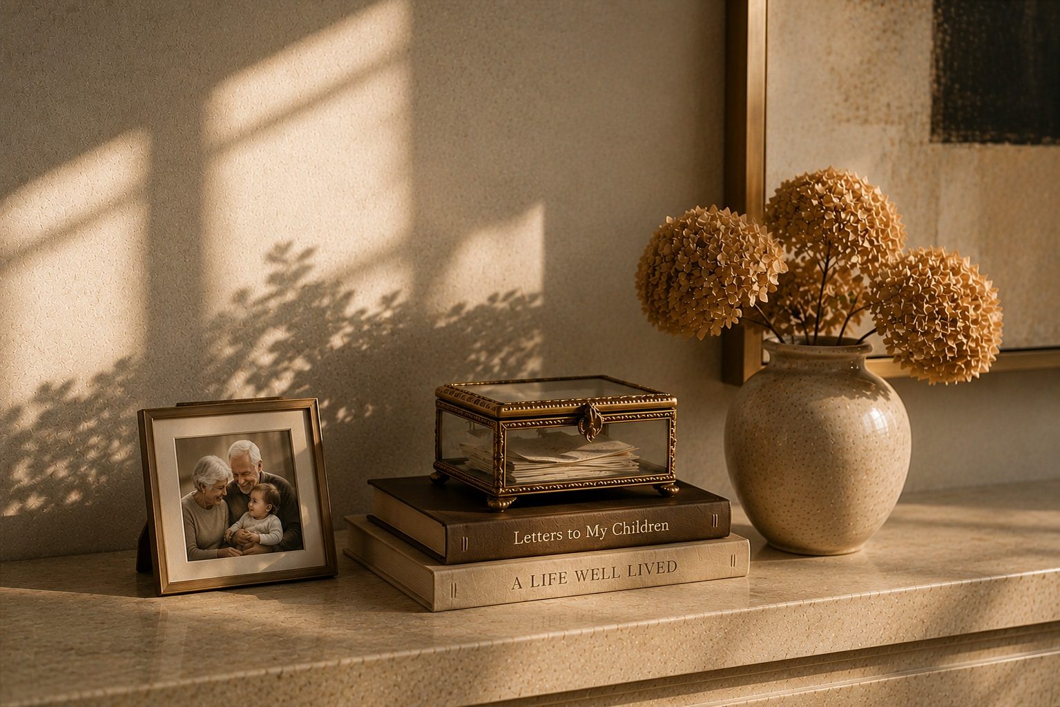 Framed family photograph, keepsake box of letters, and books titled Letters to My Children and A Life Well Lived on a sunlit mantel