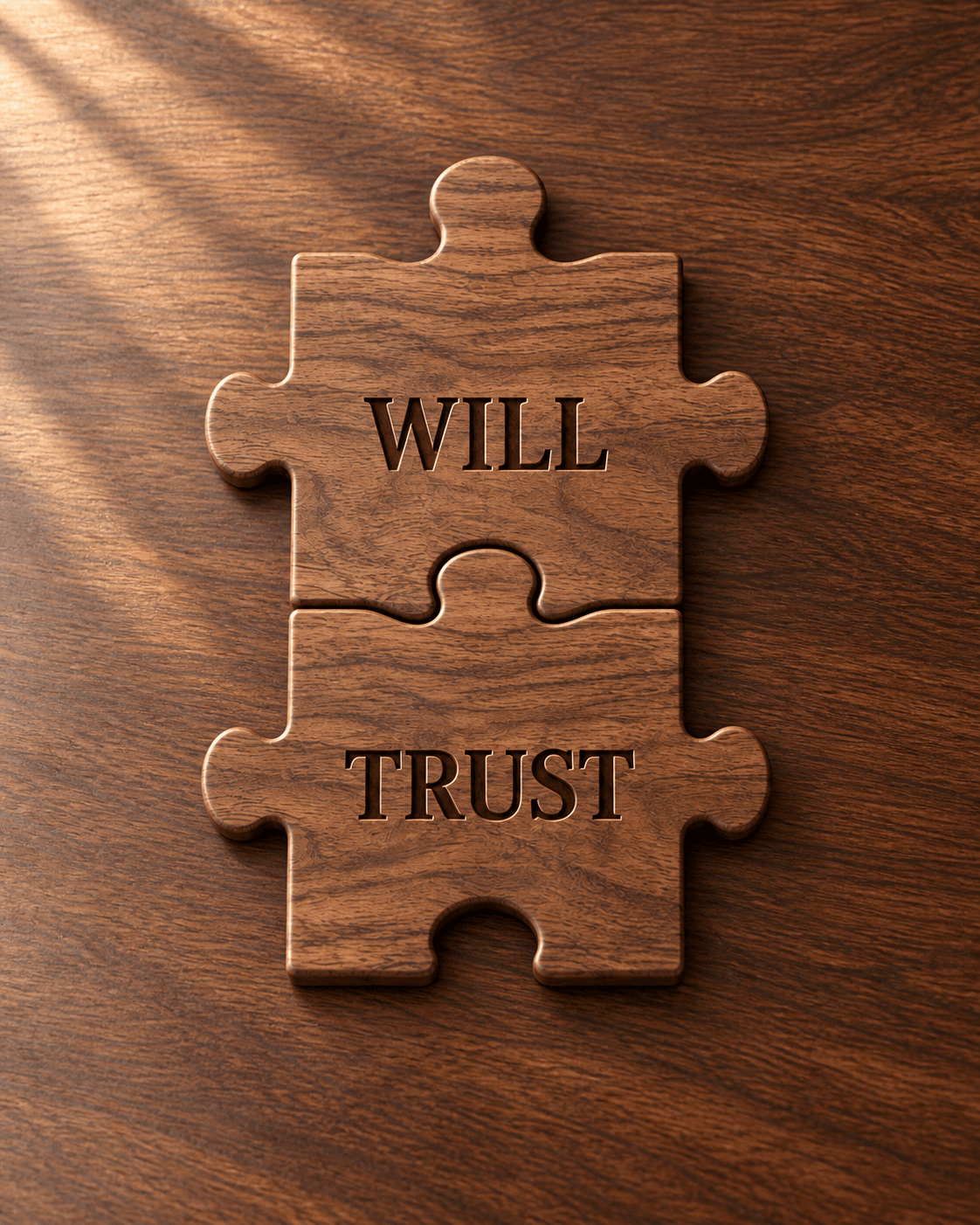 Two interlocking walnut puzzle pieces engraved with the words Will and Trust on a warm wood desk