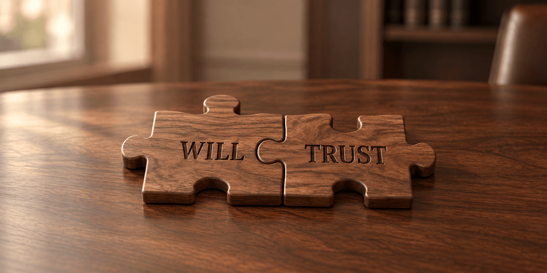 Two interlocking walnut puzzle pieces engraved with the words Will and Trust on a warm wood desk